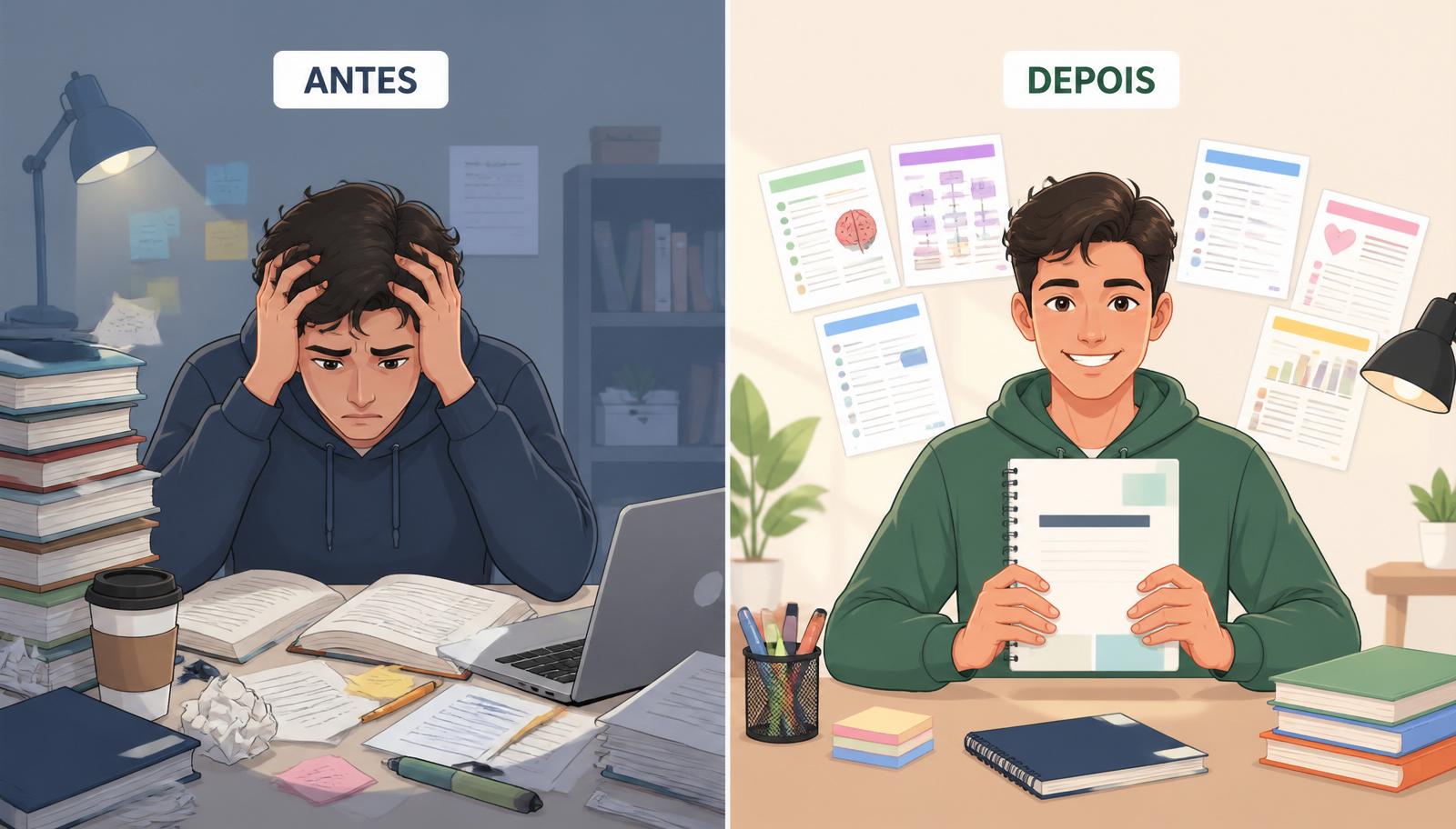 Comparação antes e depois: aluno sem o Kit ENEM estressado versus aluno com o Kit ENEM confiante