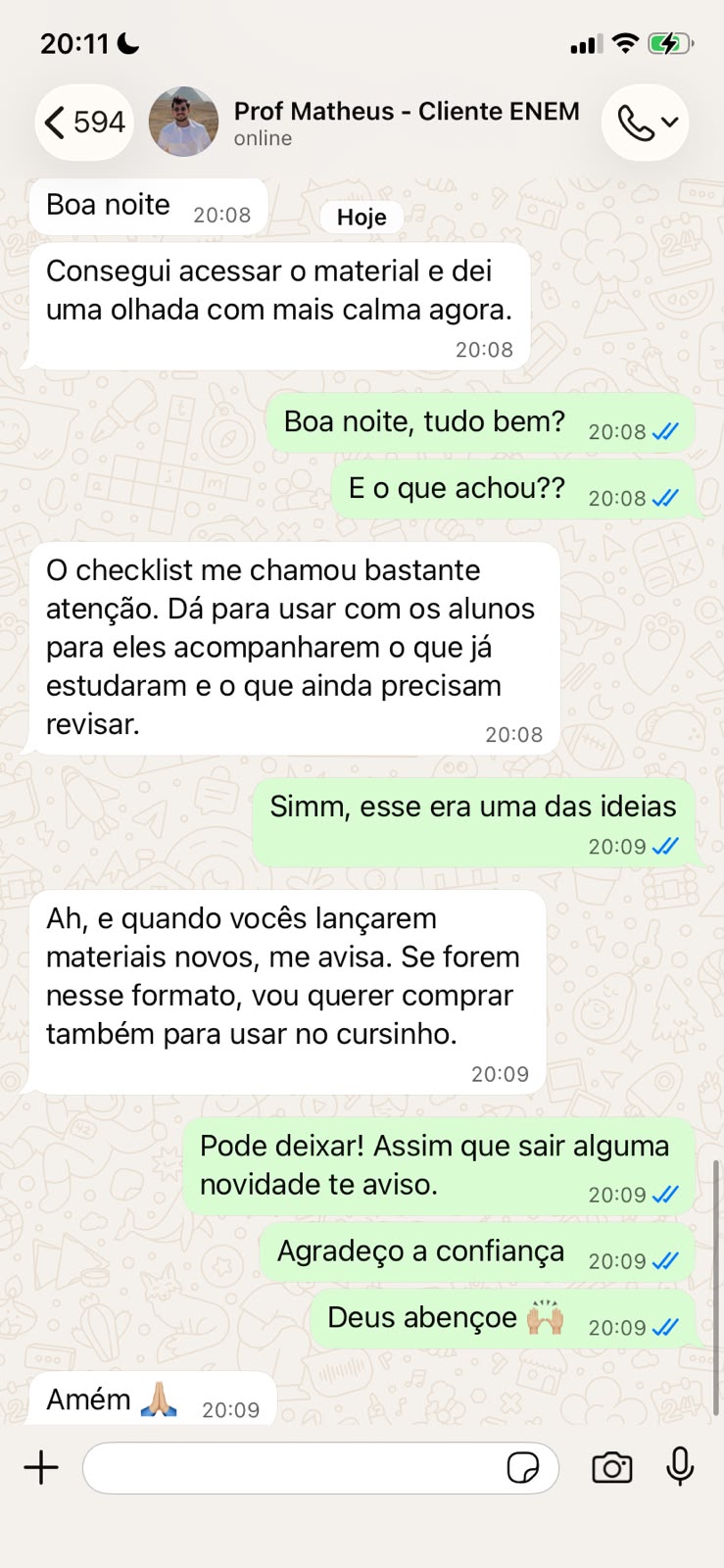 Print de conversa no WhatsApp com o Prof. Matheus elogiando o checklist